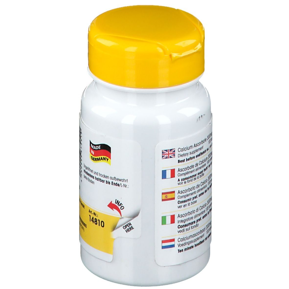 Retro del flacone. Adesivo giallo con informazioni. Made in Germany. Informazioni prodotto multilingue.