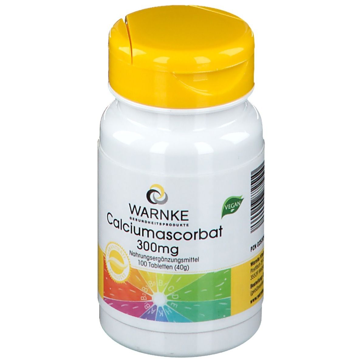 Flacone bianco con tappo giallo. Scritta: WARNKE Calciumascorbat 300mg. Sigillo vegano. 100 compresse.