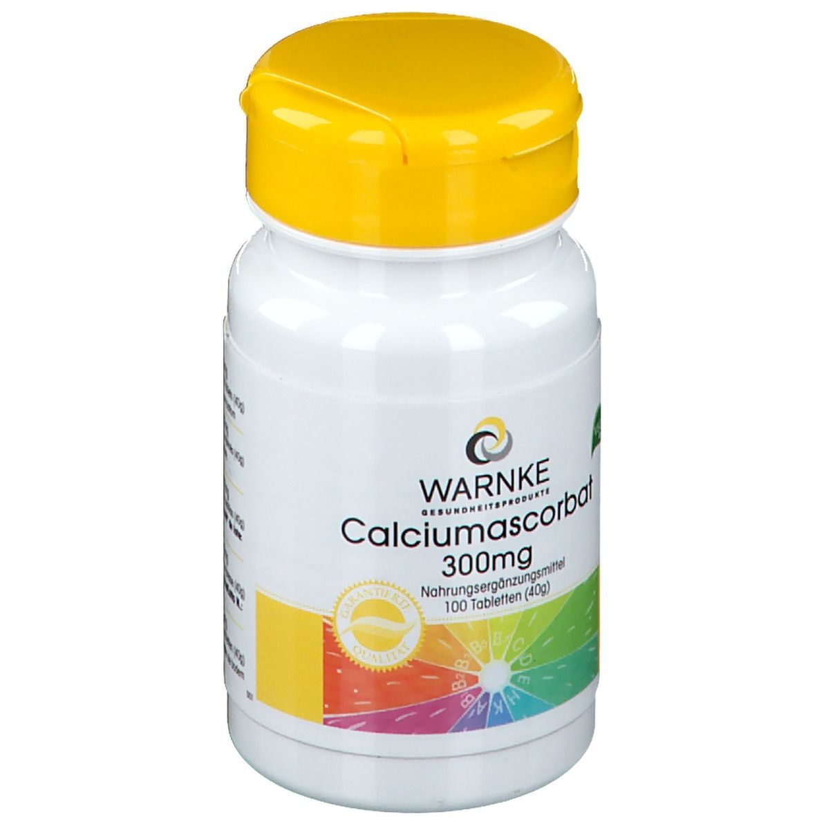 Flacone bianco con tappo giallo. Scritta: WARNKE Calciumascorbat 300mg. Sigillo vegano. 100 compresse.