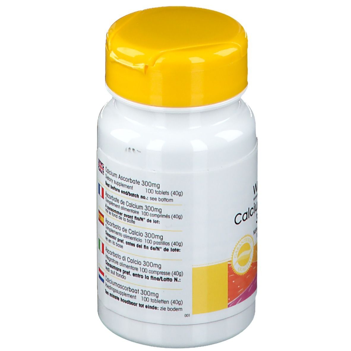 Retro del flacone. Adesivo giallo con informazioni. Informazioni prodotto multilingue. 100 compresse.