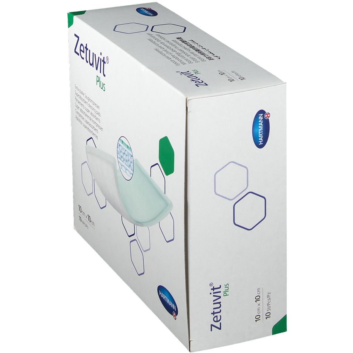 Vista obliqua della confezione Zetuvit® Plus. Scritto: 10 x 10 cm, 10 pezzi. Logo Hartmann. Colori verde e bianco.