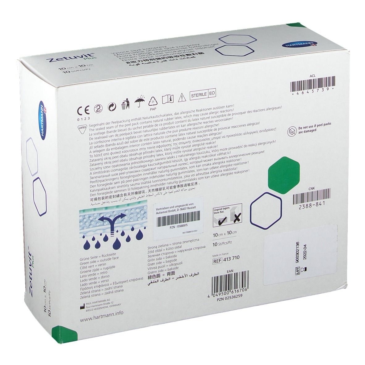 Retro della confezione Zetuvit® Plus. Scritto: Informazioni sul prodotto, marchio CE, numero di lotto, simbolo sterile.