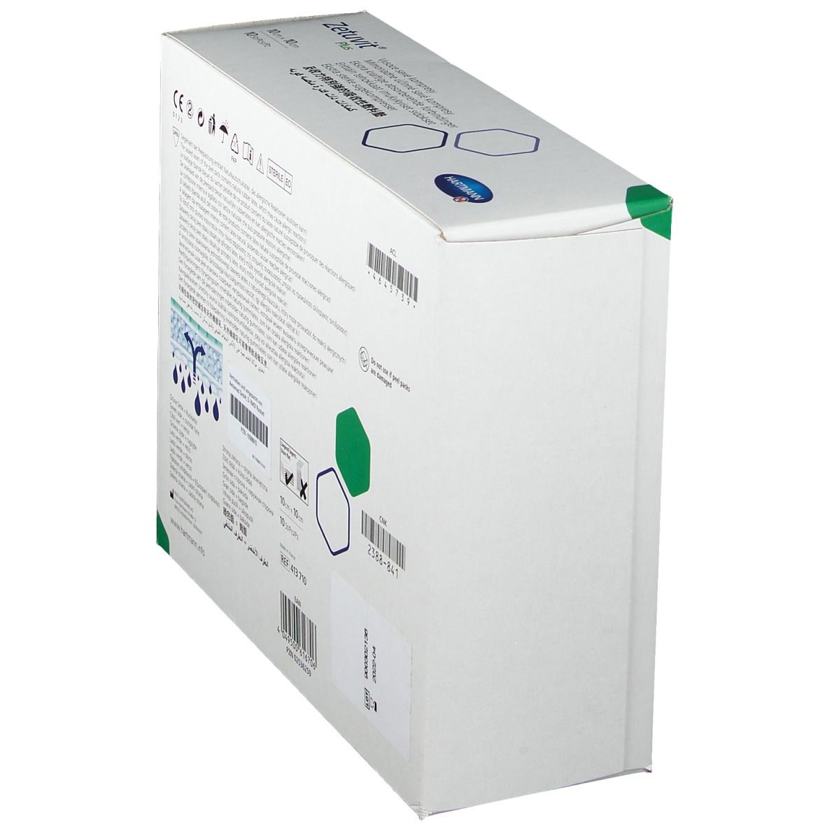 Vista obliqua del retro della confezione Zetuvit® Plus. Scritto: Informazioni sul prodotto, marchio CE, numero di lotto.