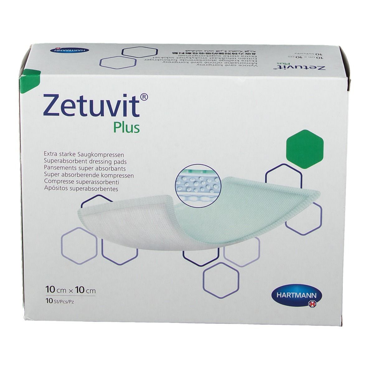 Vista frontale della confezione Zetuvit® Plus. Scritto: Compresse super assorbenti, 10 x 10 cm, 10 pezzi. Logo Hartmann.