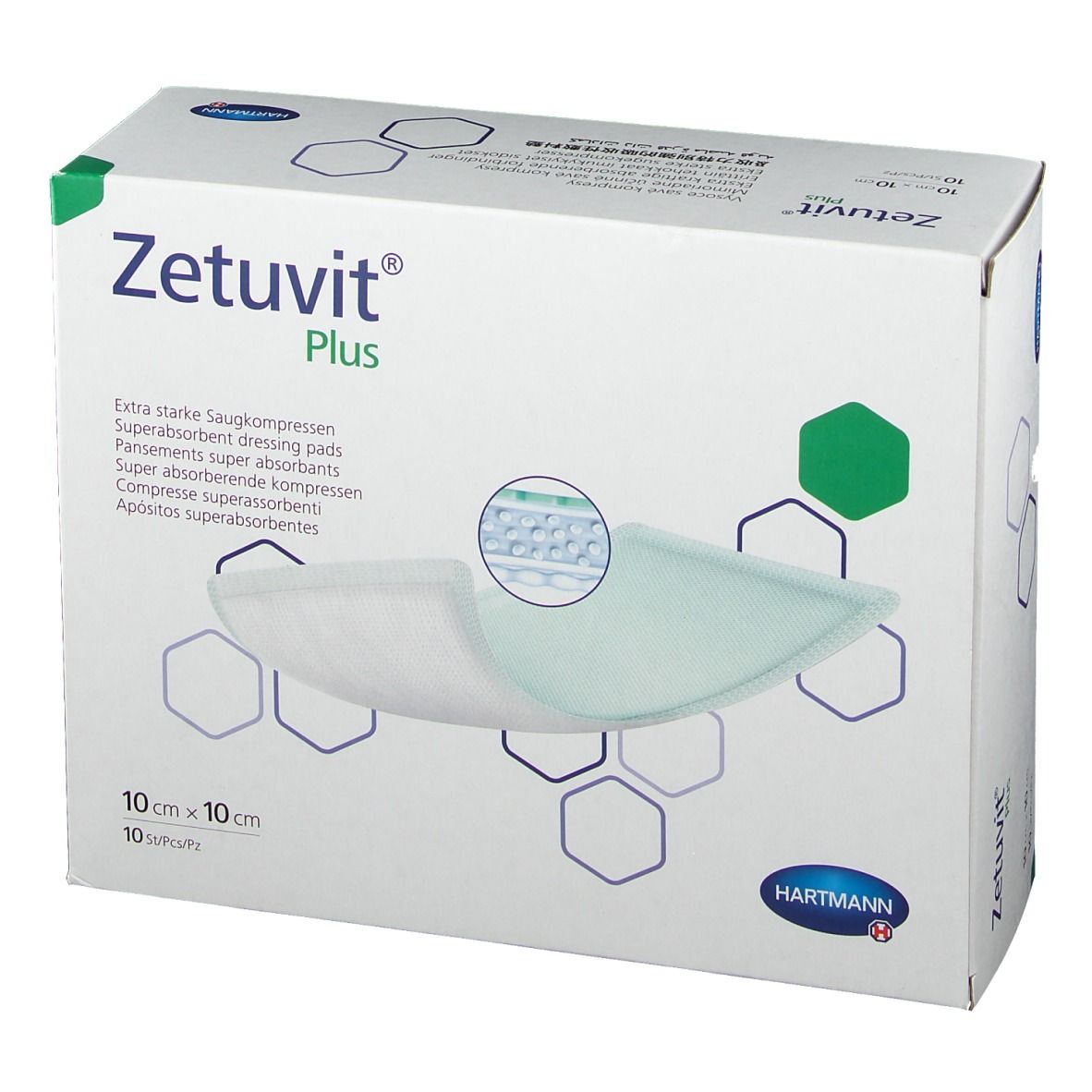 Vista frontale della confezione Zetuvit® Plus. Scritto: Compresse super assorbenti, 10 x 10 cm, 10 pezzi. Logo Hartmann.