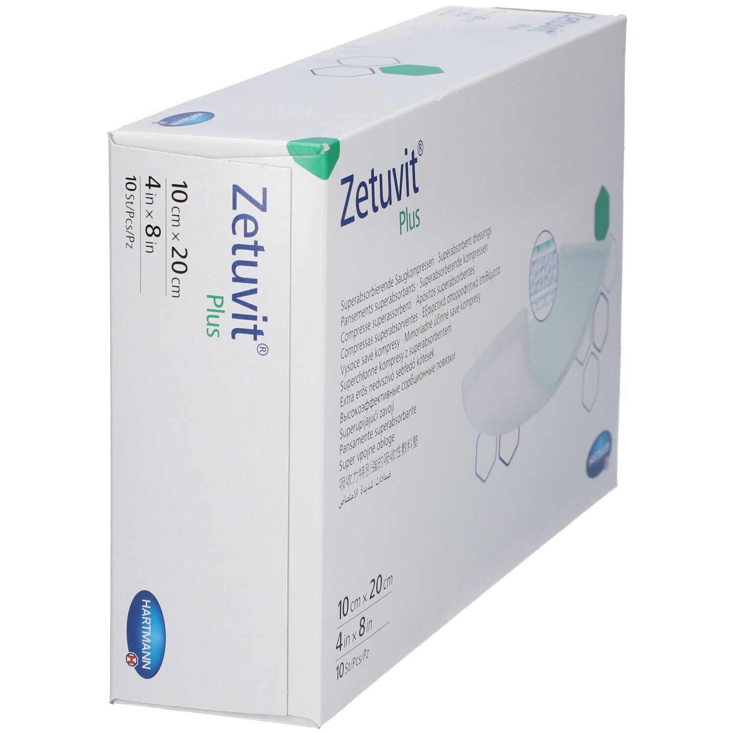 Confezione Zetuvit® Plus, angolata. Medicazione super assorbente. Dimensioni 10x20 cm. 10 pezzi. Logo Hartmann.