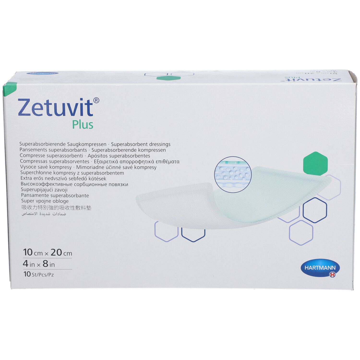 Confezione di Zetuvit® Plus. Medicazione super assorbente. Dimensioni 10x20 cm. 10 pezzi. Logo Hartmann.