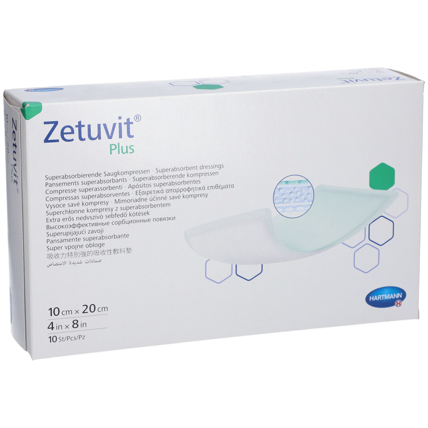 Confezione di Zetuvit® Plus. Medicazione super assorbente. Dimensioni 10x20 cm. 10 pezzi. Logo Hartmann.