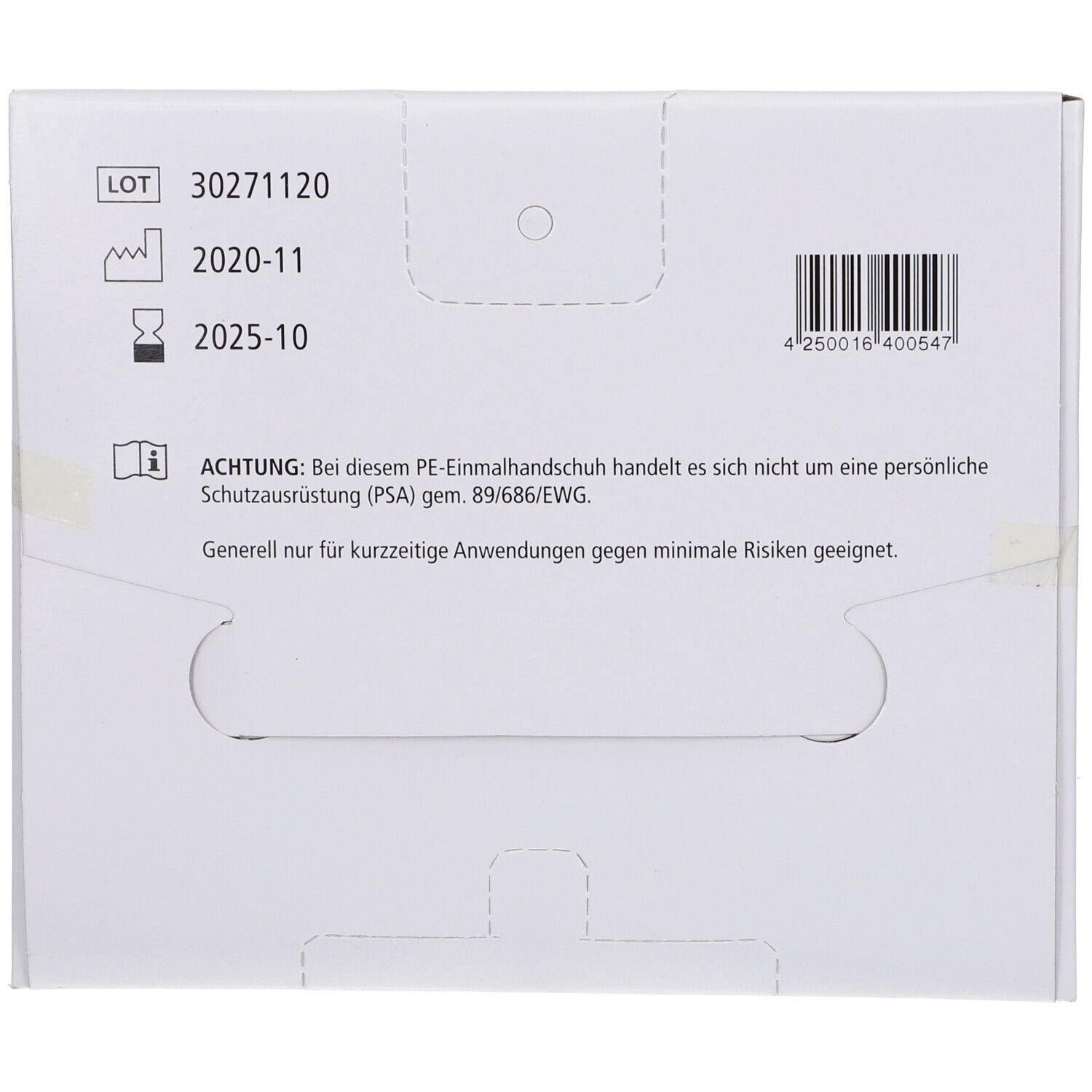 Retro della confezione. Testo: "ACHTUNG: Bei diesem PE-Einmalhandschuh handelt es sich nicht um eine persönliche Schutzausrüstung".