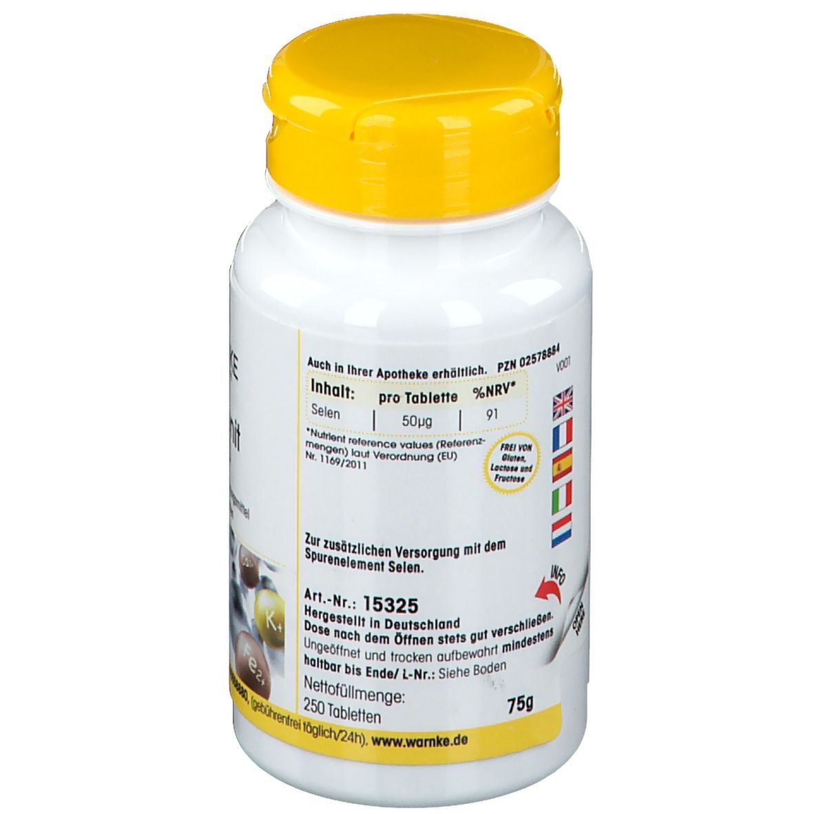 Retro del flacone bianco con tappo giallo. Informazioni su ingredienti e valori nutrizionali. 250 compresse. Prodotto in Germania.