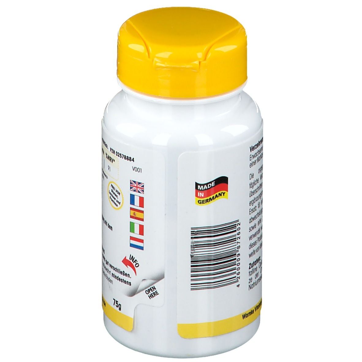 Flacone bianco con tappo giallo. Adesivo con informazioni. Prodotto in Germania. Informazioni multilingue.