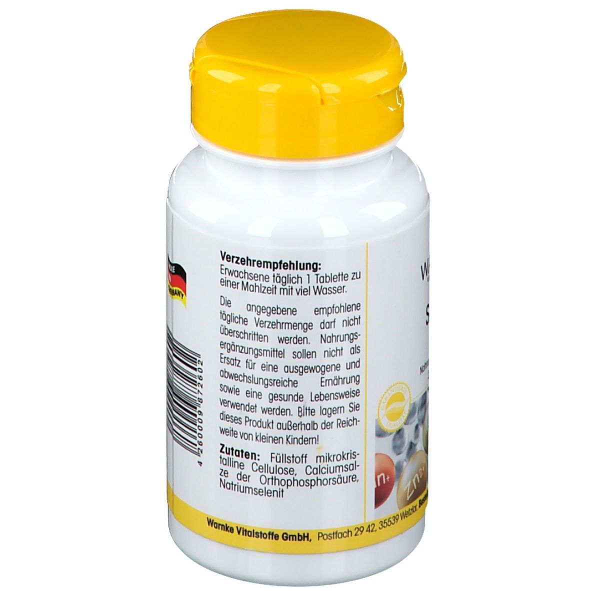 Retro del flacone bianco con tappo giallo. Raccomandazioni per l'uso. Elenco ingredienti. Prodotto in Germania. Warnke Vitalstoffe.