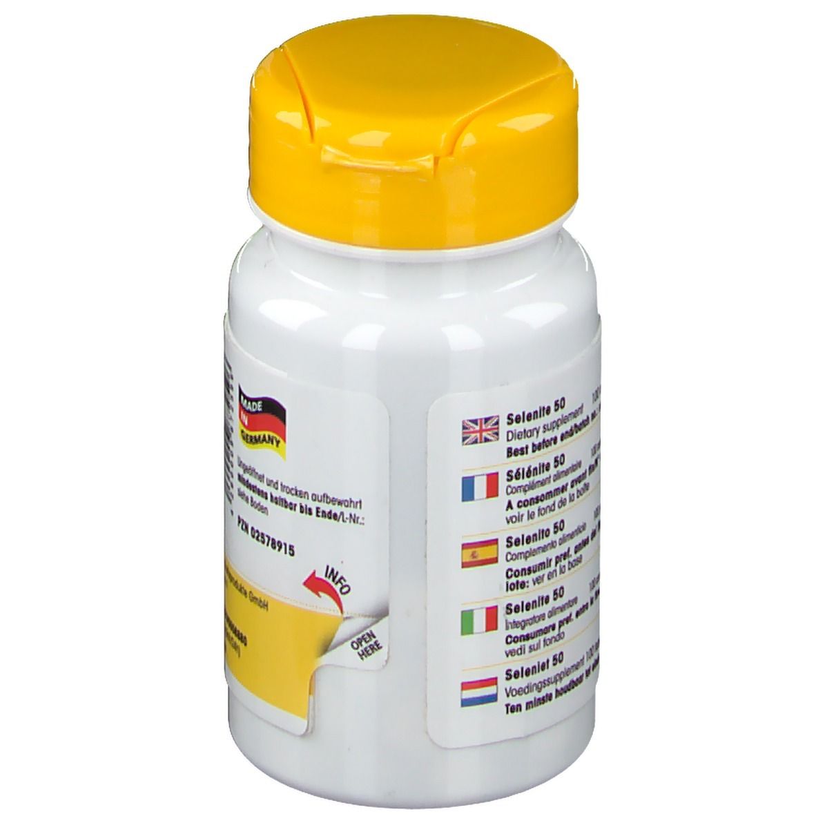 Retro del flacone con informazioni multilingue. Contiene informazioni sull'uso.