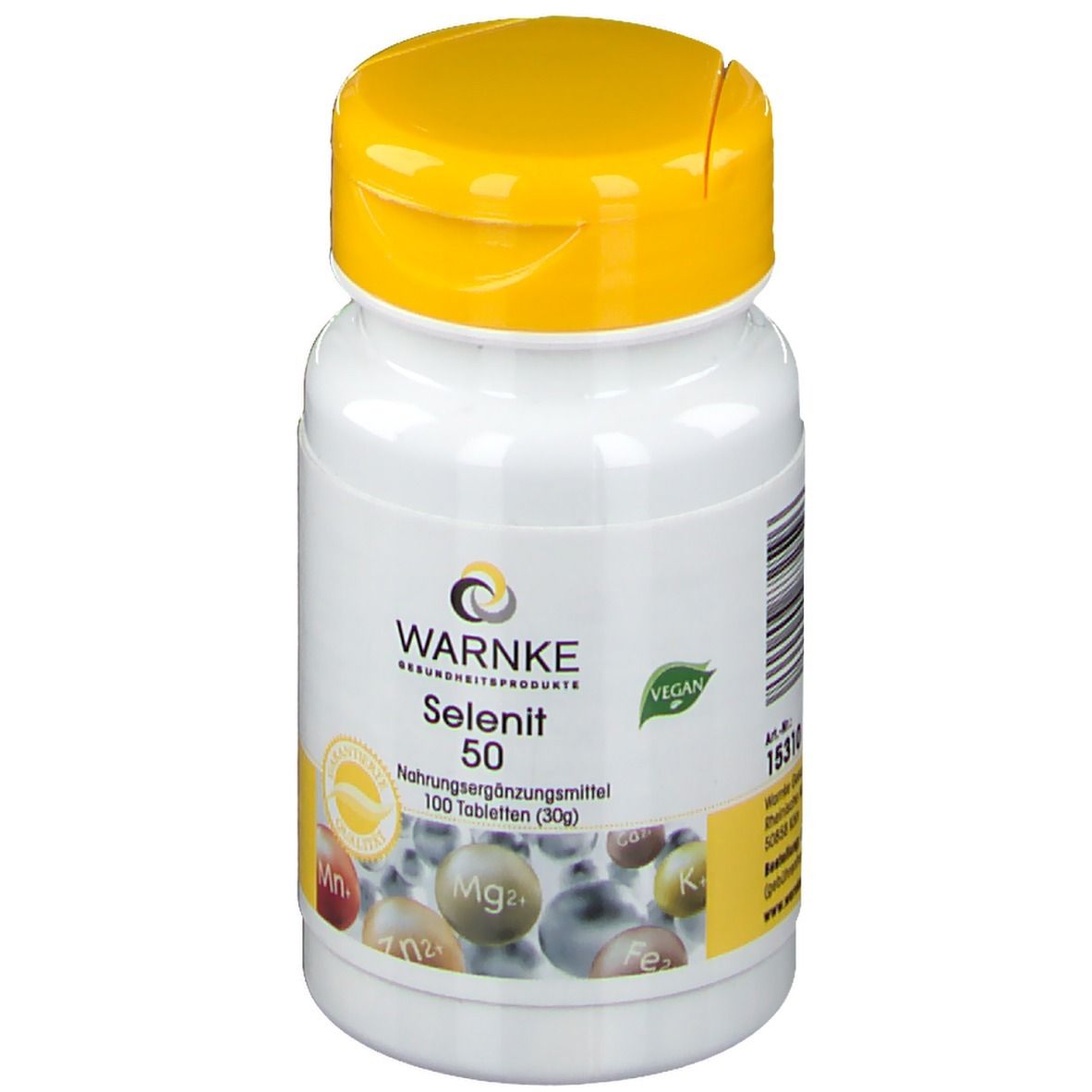 Flacone bianco con tappo giallo. Scritta WARNKE Selenit 50, 100 compresse. Sigillo vegano.