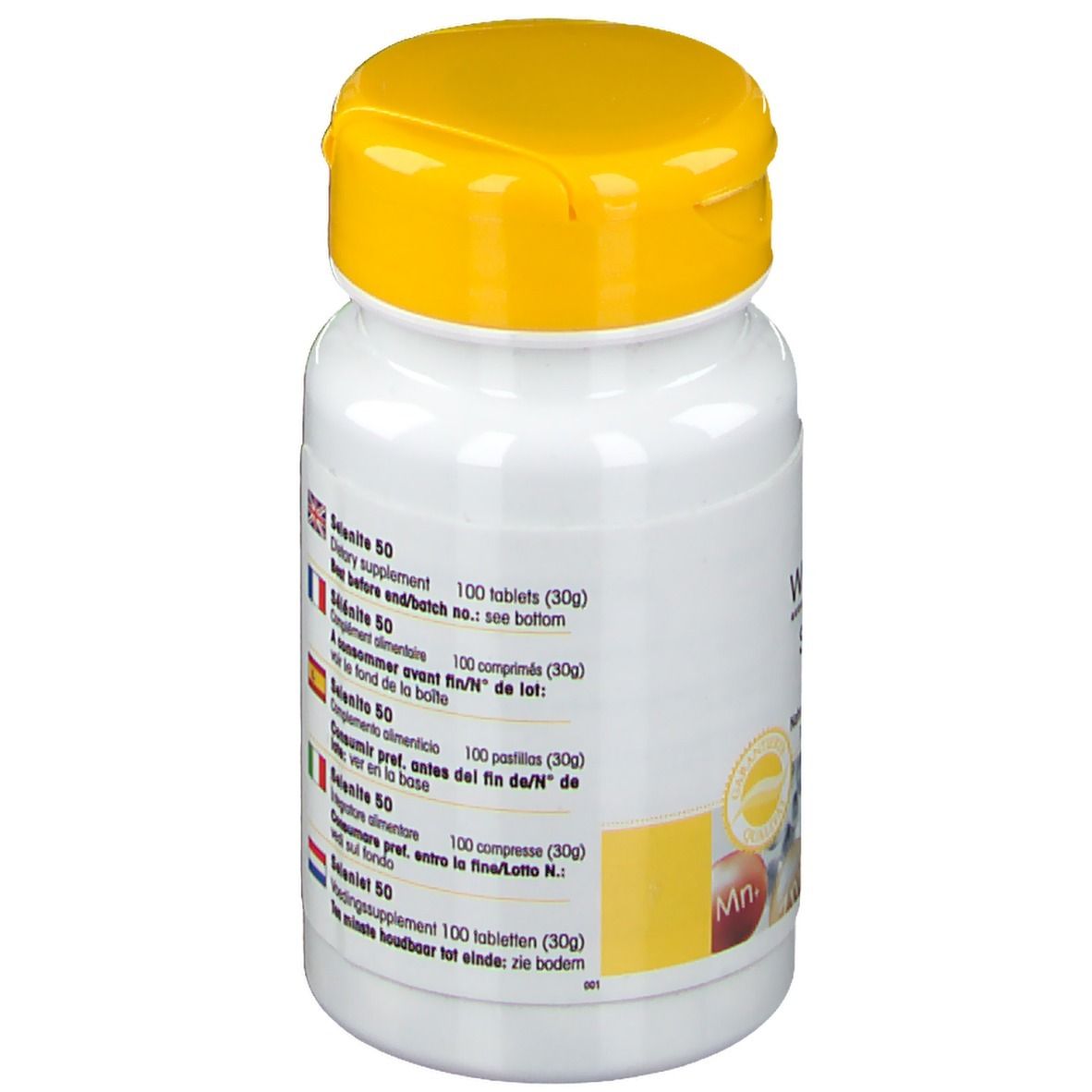 Retro del flacone con informazioni multilingue. Contiene informazioni sull'uso.