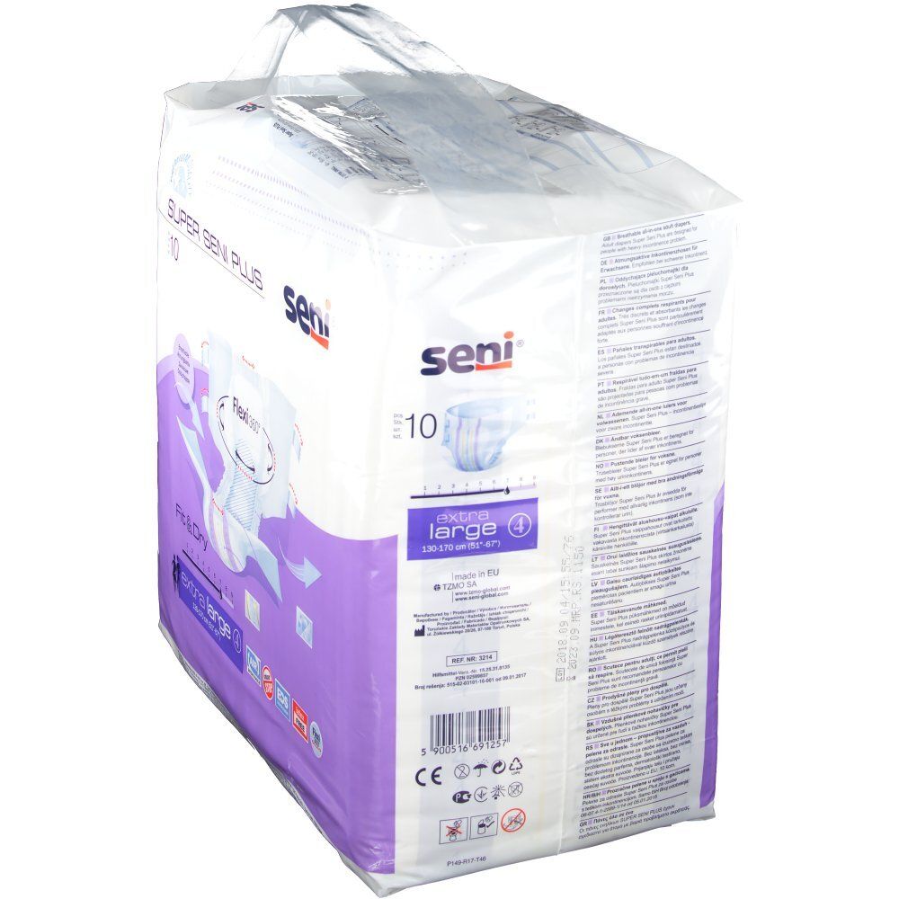 Confezione Super Seni Plus. Extra Large 4, 10 pezzi. Retro con testo e illustrazioni.
