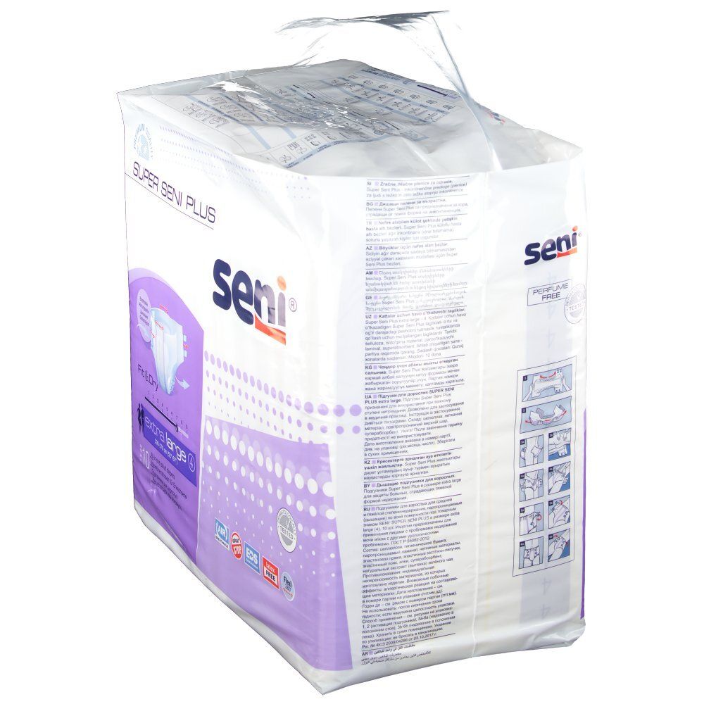 Confezione Super Seni Plus. Retro con testo e illustrazioni. Con maniglia.