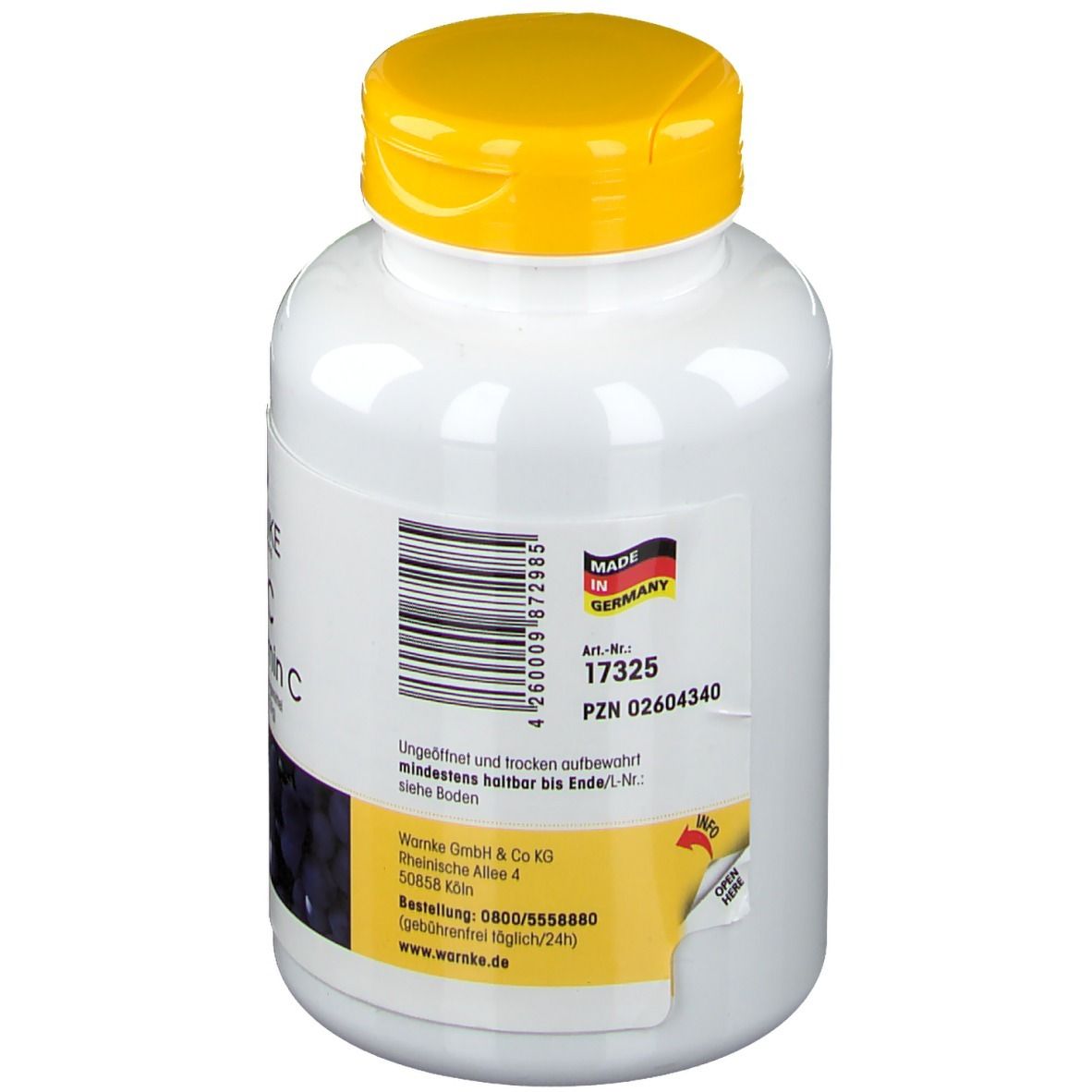 Retro di un flacone bianco con tappo giallo. Adesivo con informazioni e codice a barre. Made in Germany.