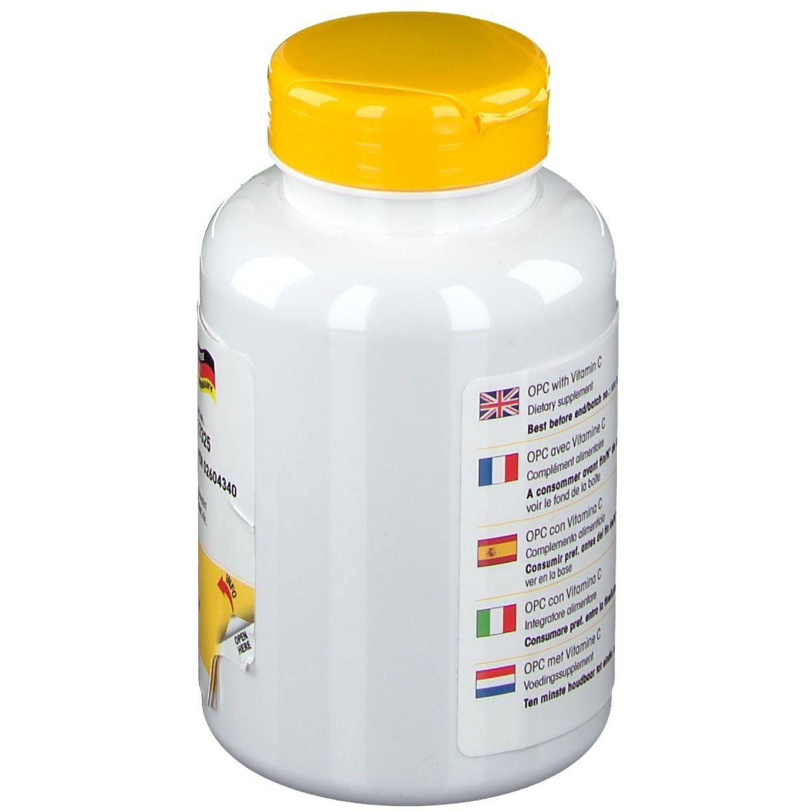 Flacone bianco con tappo giallo. Adesivo con informazioni sul prodotto in diverse lingue, tra cui tedesco e francese.