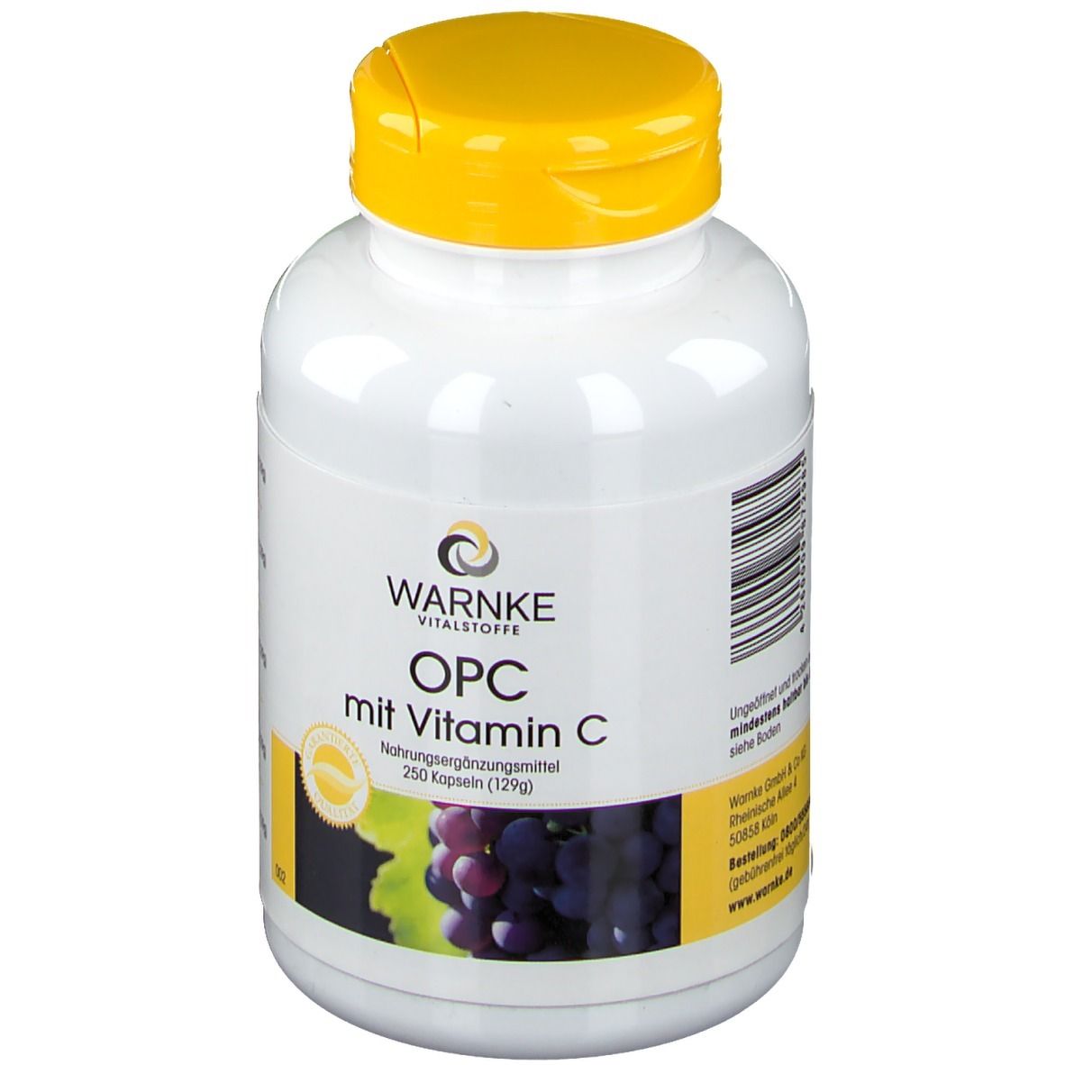 Flacone bianco con tappo giallo. Scritta: WARNKE, OPC con Vitamina C. Immagine di uva. 250 capsule.