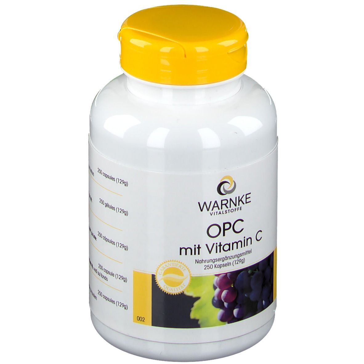 Flacone bianco con tappo giallo. Scritta: WARNKE, OPC con Vitamina C. Immagine di uva. 250 capsule.