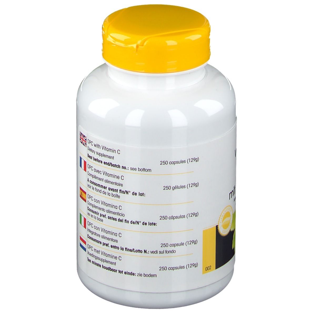 Retro di un flacone bianco con tappo giallo. Informazioni sul prodotto in diverse lingue, tra cui tedesco e francese. 250 capsule.