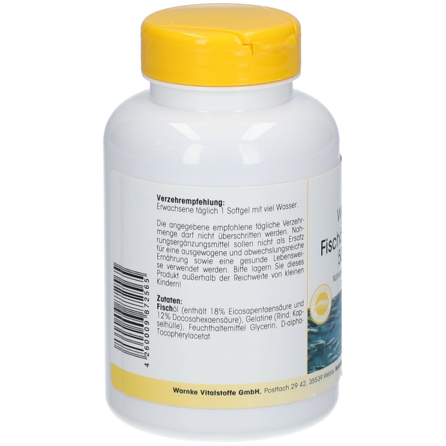 Retro del flacone bianco con coperchio giallo. Testo: Raccomandazioni. Ingredienti: olio di pesce, gelatina, glicerina, acetato di D-alfa-tocoferile.