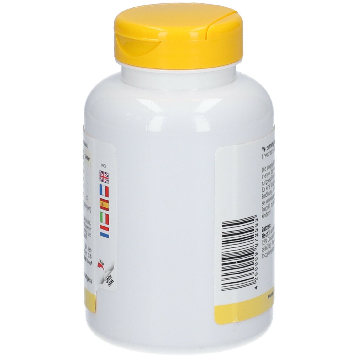 Flacone bianco con coperchio giallo. Sul lato sono raffigurate le bandiere di diversi paesi.