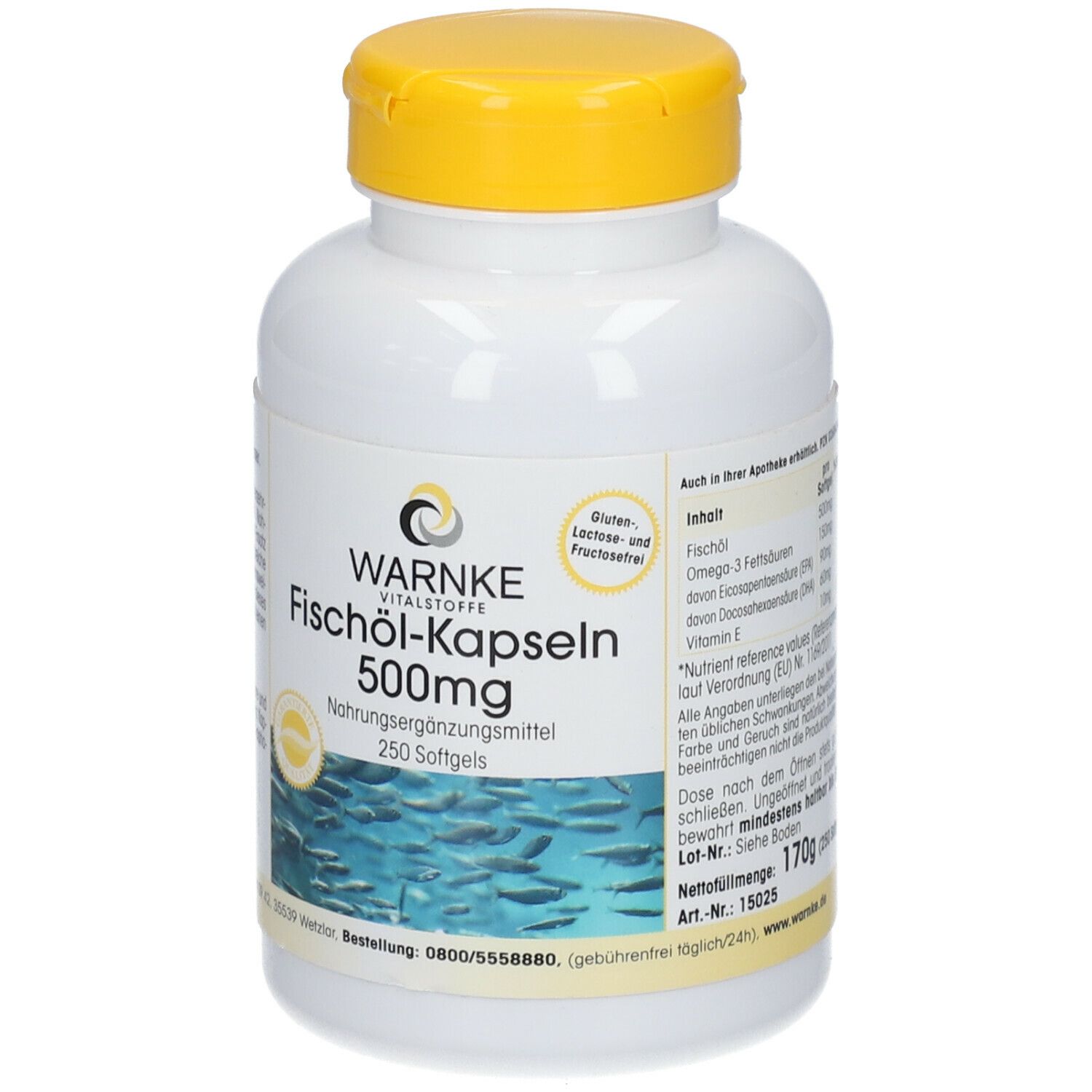 Flacone bianco con coperchio giallo. Scritta: Warnke Fischöl-Kapseln 500mg. 250 capsule. Senza glutine, lattosio e fruttosio. 170g.