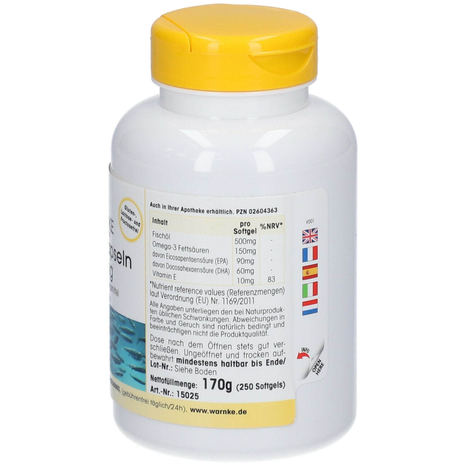 Flacone bianco con coperchio giallo. Scritta: Warnke Fischöl-Kapseln 500mg. 250 capsule. Informazioni nutrizionali. 170g.