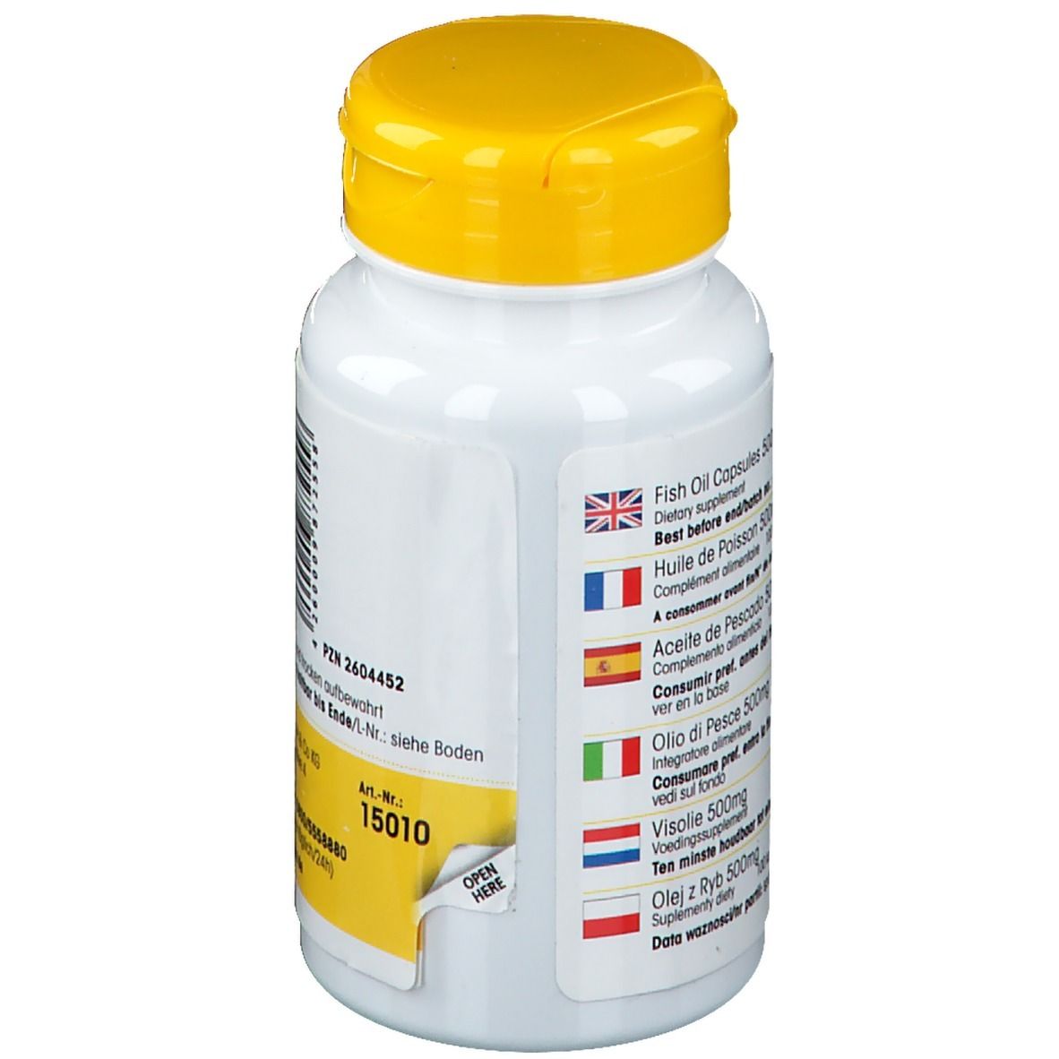 Retro del flacone con informazioni multilingue. Contiene: Fish Oil Capsules, Huile de Poisson, etc.