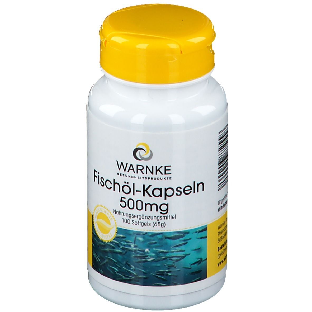 Flacone bianco con tappo giallo. Scritta: WARNKE Fischöl-Kapseln 500mg. 100 softgels. Motivo pesci.