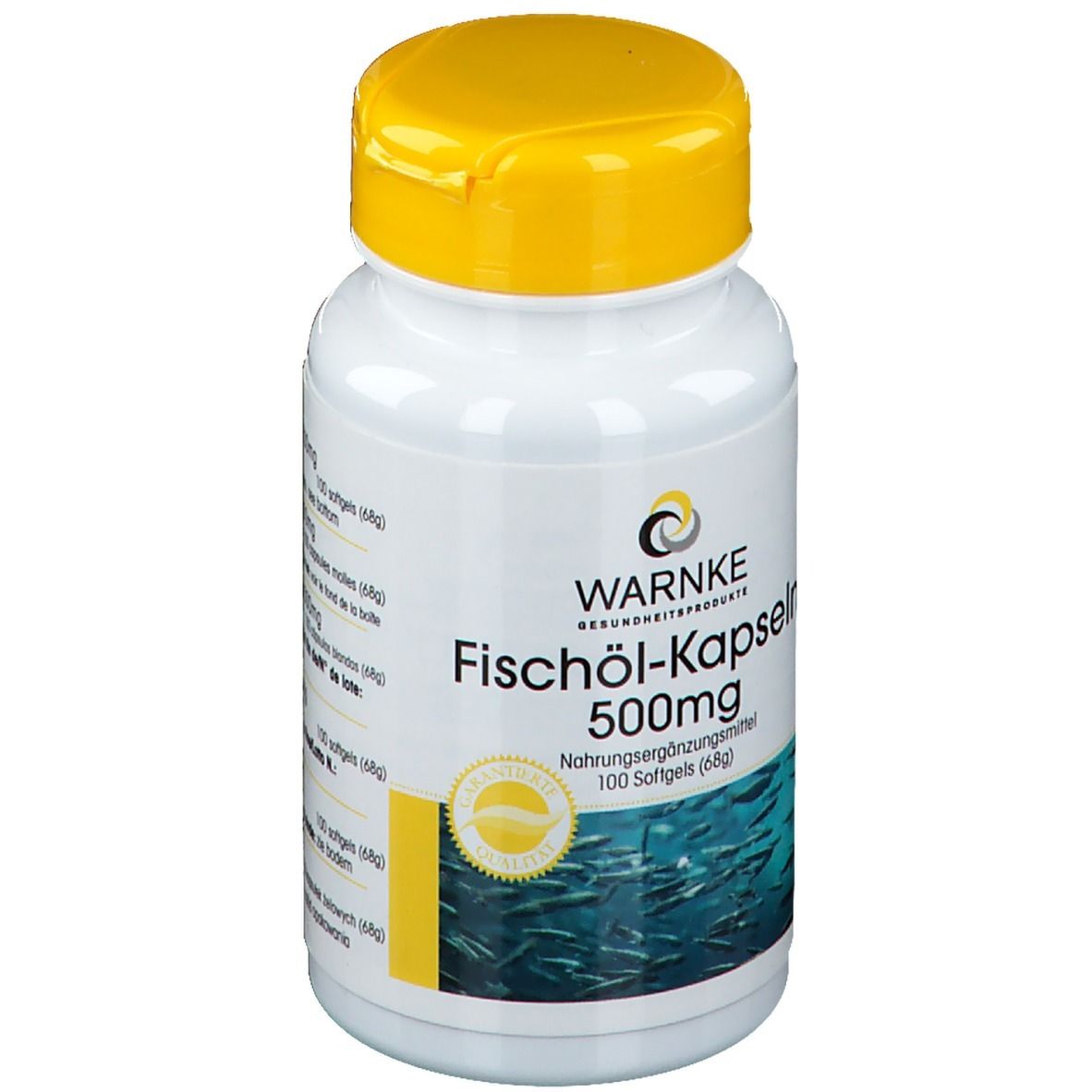 Flacone bianco con tappo giallo. Scritta: WARNKE Fischöl-Kapseln 500mg. 100 softgels. Motivo pesci.