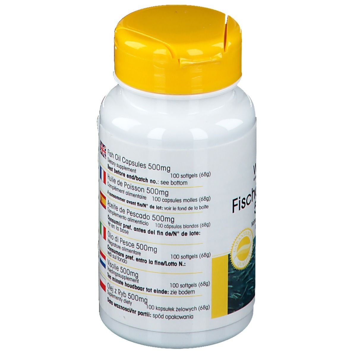 Retro del flacone con informazioni multilingue. Contiene: Fish Oil Capsules, Huile de Poisson, etc.