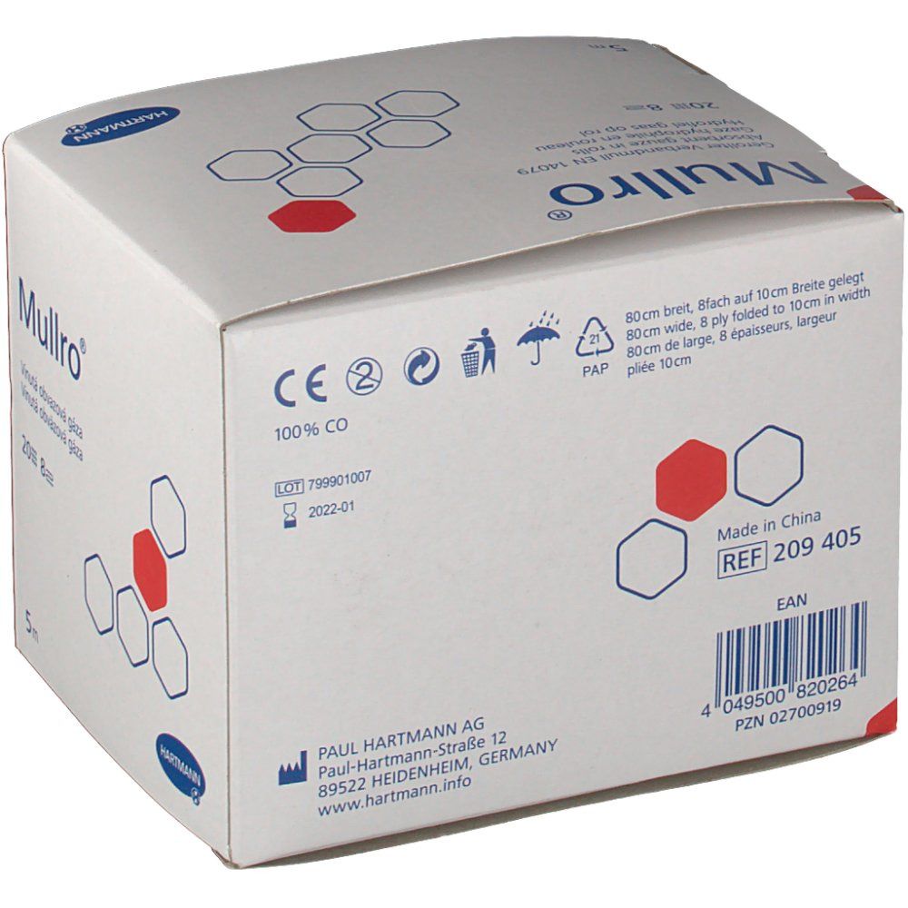 Scatola Hartmann Mullro®. Scatola bianca con informazioni e logo. Marchio CE, numero REF, codice EAN.