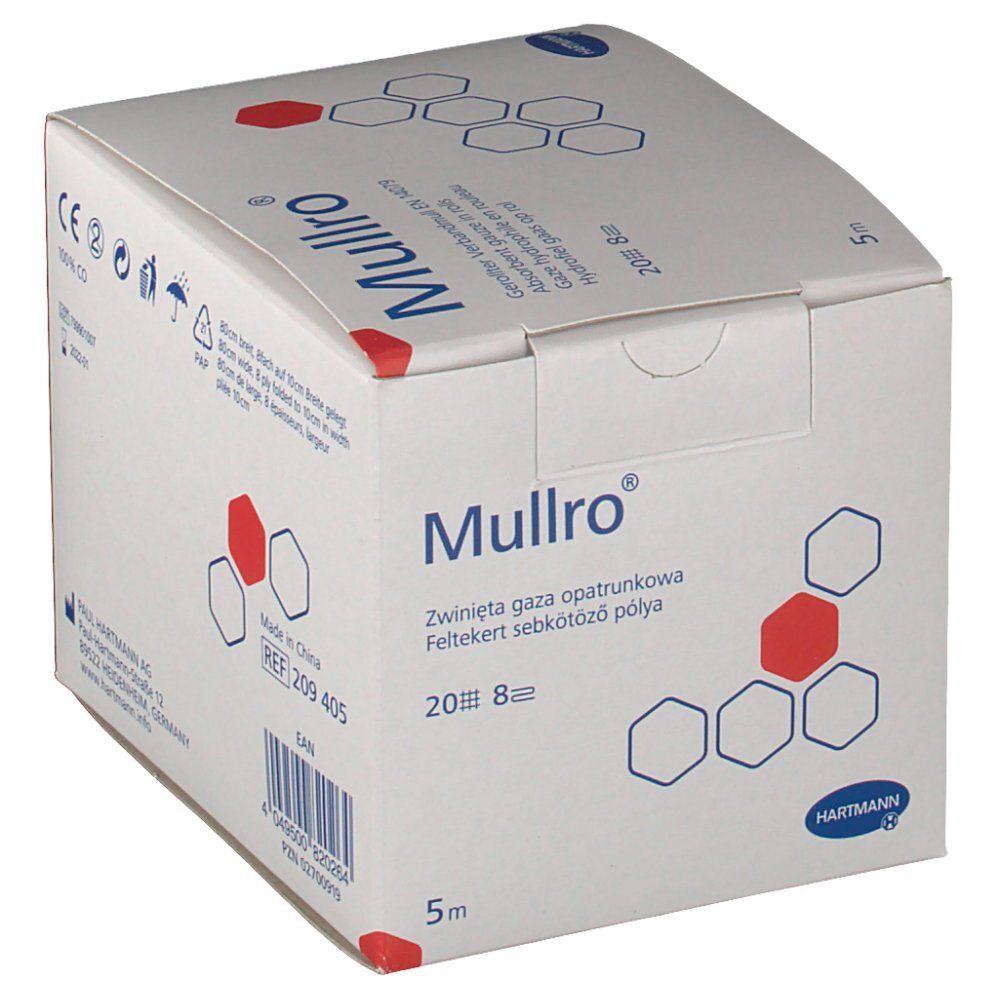 Scatola Hartmann Mullro®. Scatola bianca con nome e logo del prodotto. Rotolo da 5m, 20 fili, 8 strati.