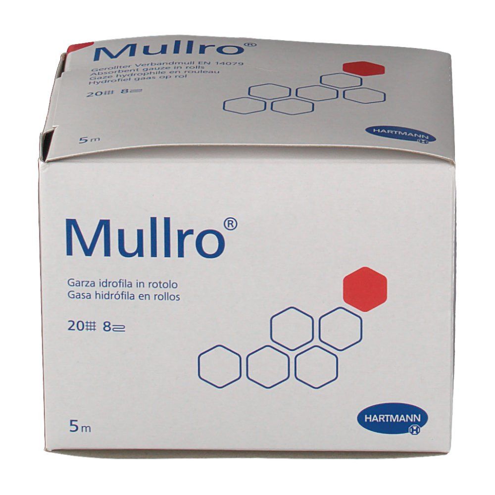 Scatola Hartmann Mullro®. Scatola bianca con nome e logo del prodotto. Rotolo da 5m, 20 fili, 8 strati.