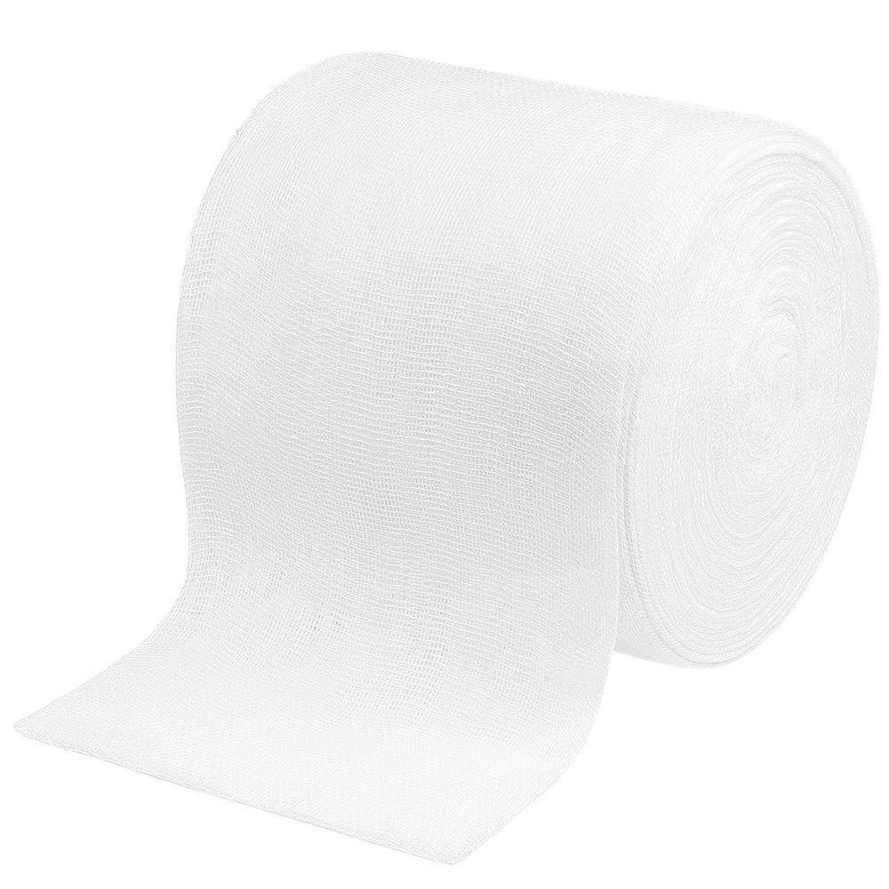 Rotolo di garza bianca. Struttura tessuta visibile. Nome del prodotto non visibile.