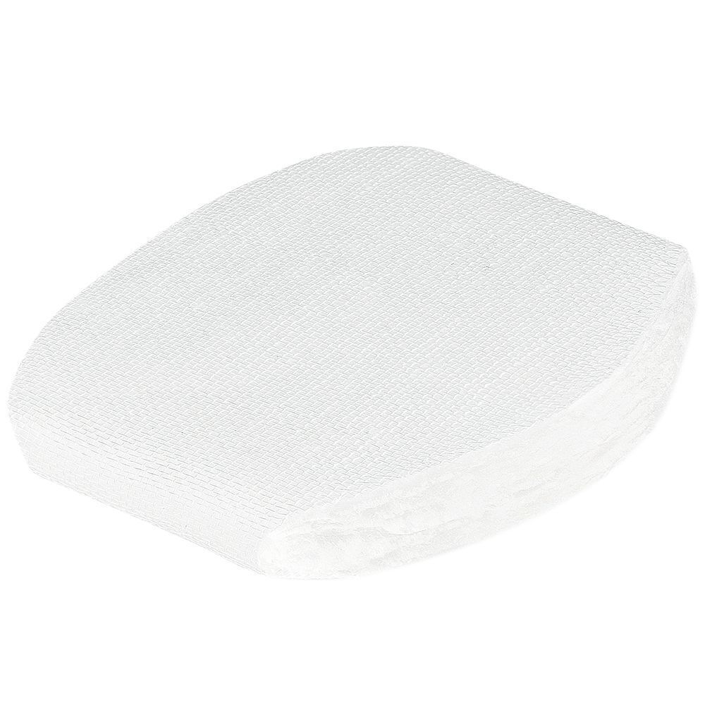 Pila di compresse oculari bianche rettangolari. Materiale tessuto. Angoli arrotondati. Nome del prodotto non visibile.