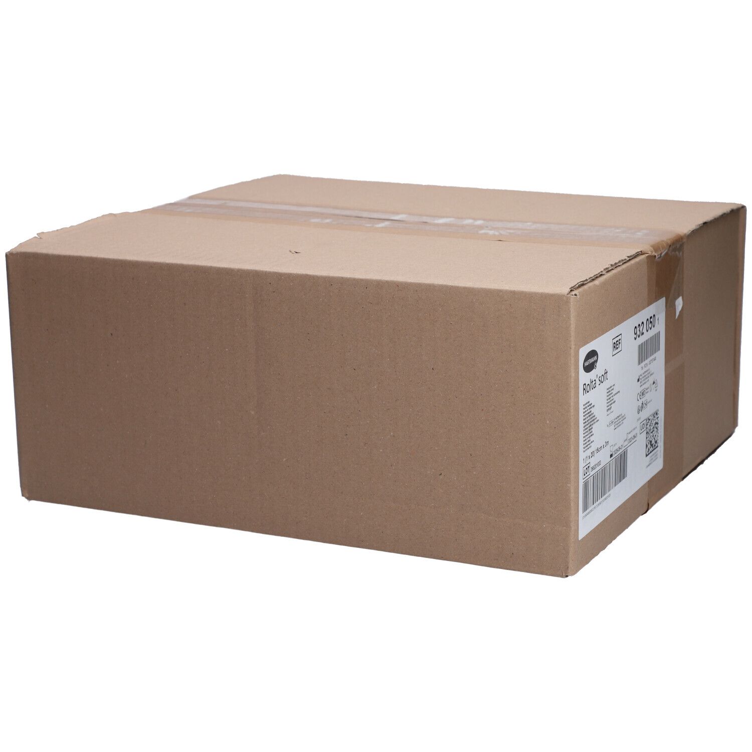 Confezione in cartone marrone con etichetta. Etichetta con informazioni sul prodotto e codice a barre. Logo Rolta® soft visibile.