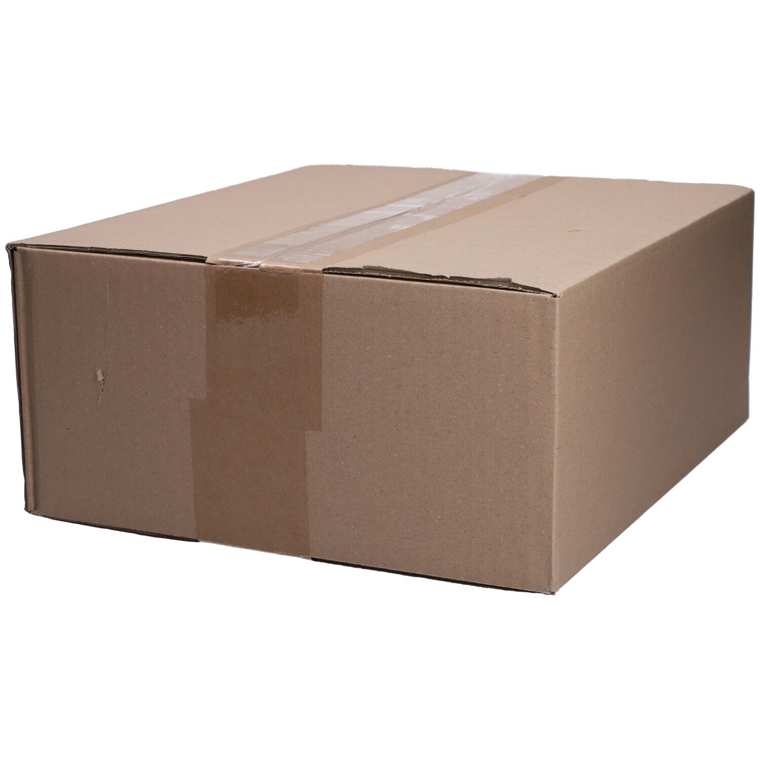 Confezione in cartone marrone, rettangolare. Chiusa con nastro adesivo. Nessun altro dettaglio visibile.