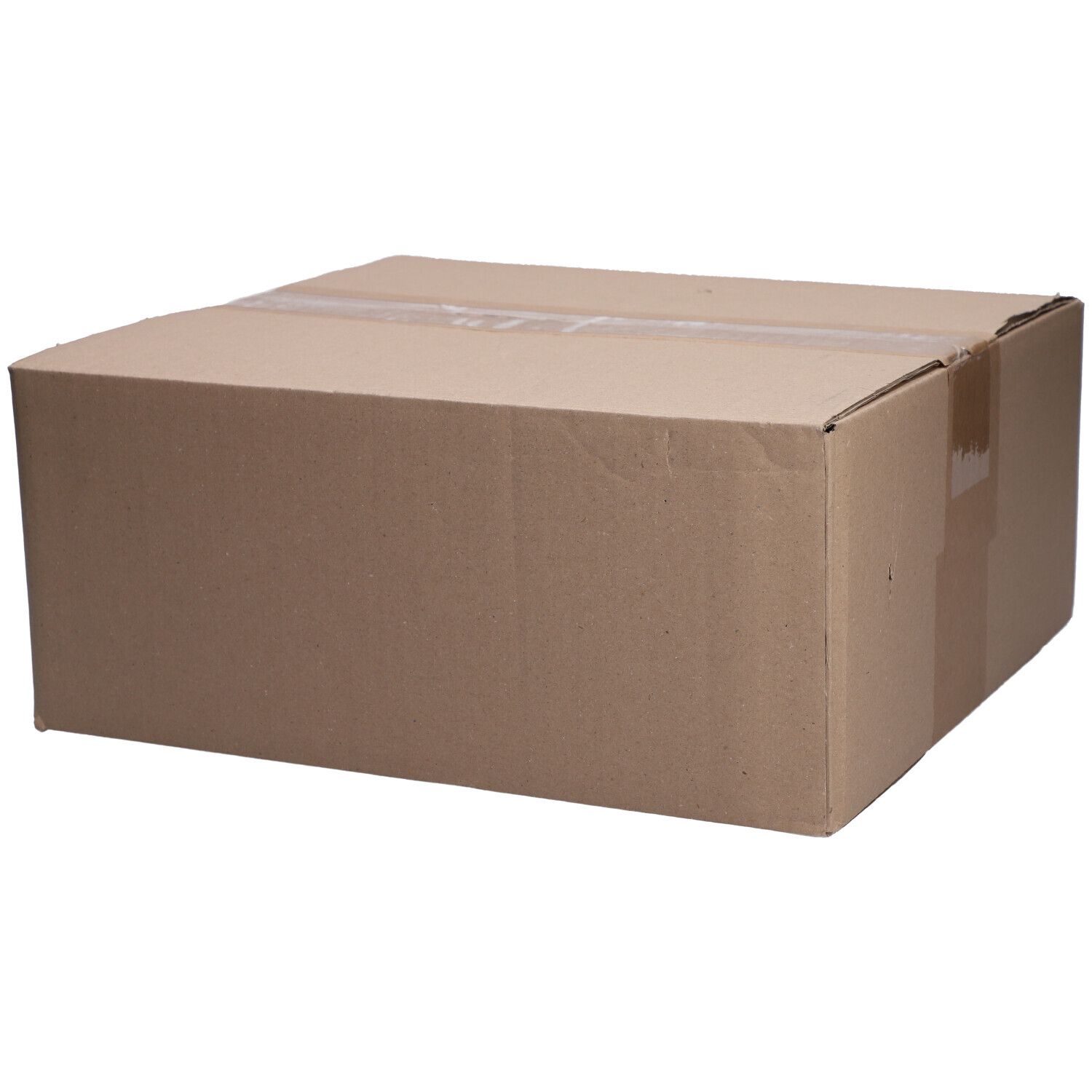 Confezione in cartone marrone, rettangolare. Chiusa con nastro adesivo. Nessun altro dettaglio visibile.