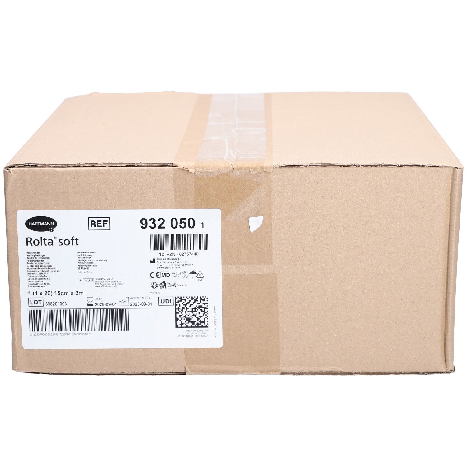 Confezione in cartone marrone con etichetta. Etichetta con informazioni sul prodotto e codice a barre. Logo Rolta® soft visibile.