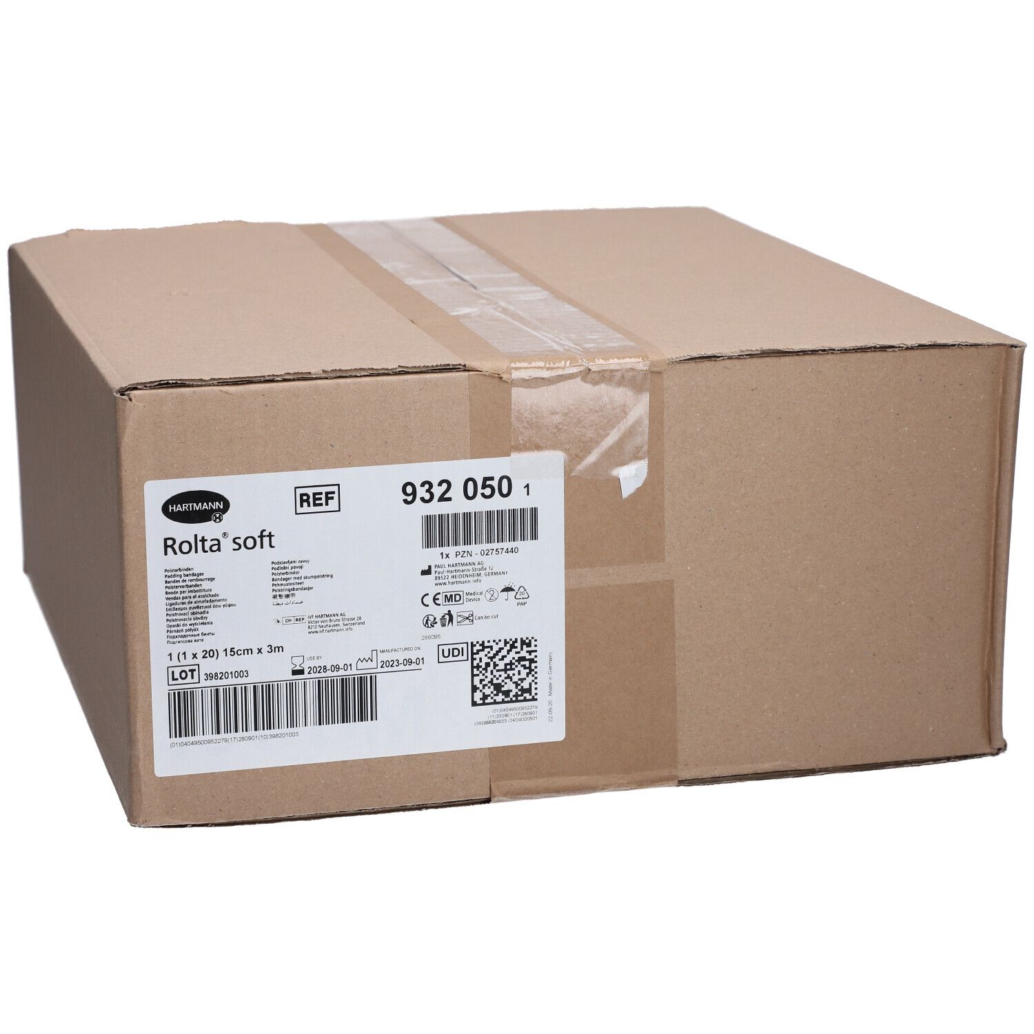 Confezione in cartone marrone con etichetta. Etichetta con informazioni sul prodotto e codice a barre. Logo Rolta® soft visibile.