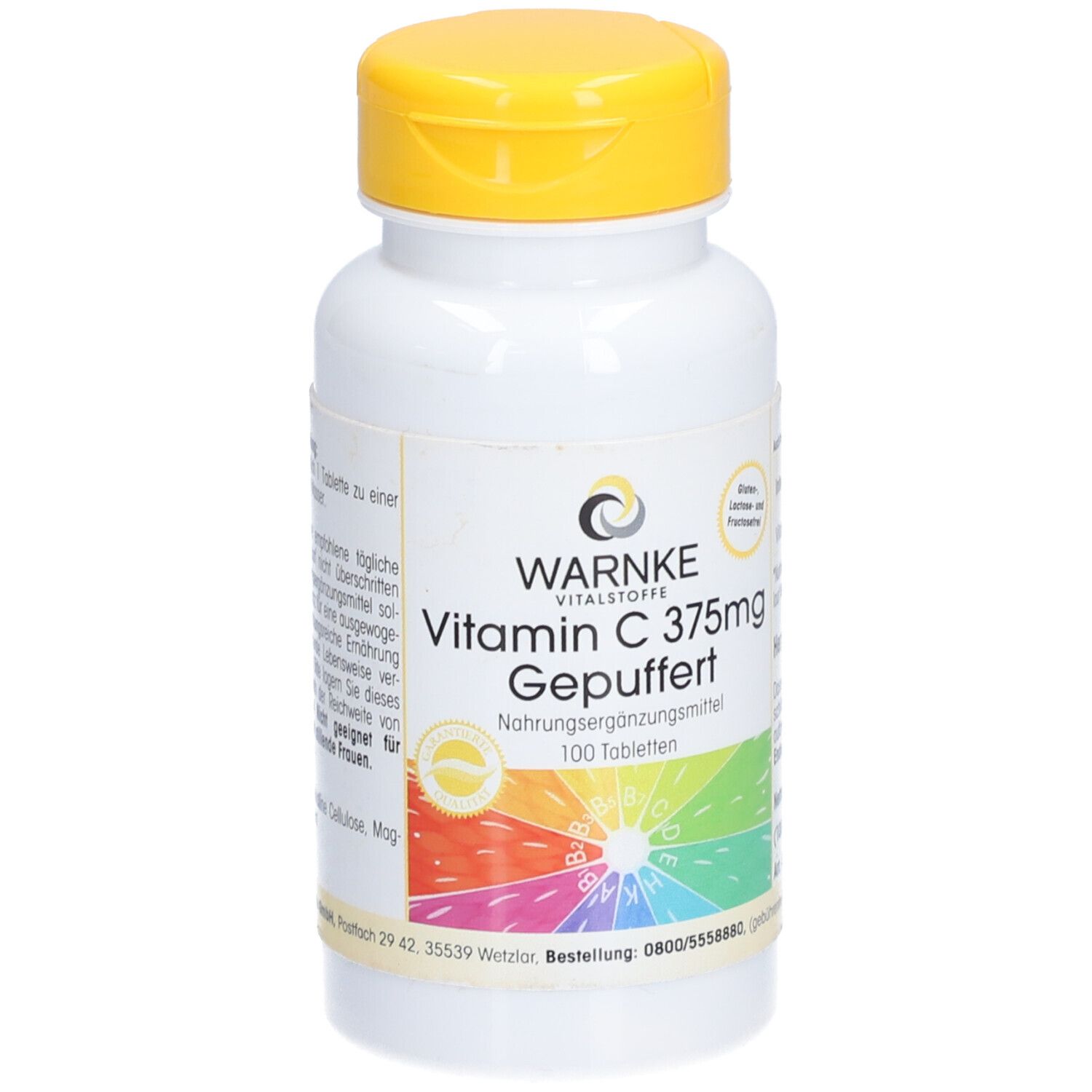 Flacone bianco con tappo giallo. Scritta: WARNKE Vitamina C 375mg Tamponato, 100 compresse. Adesivo colorato.