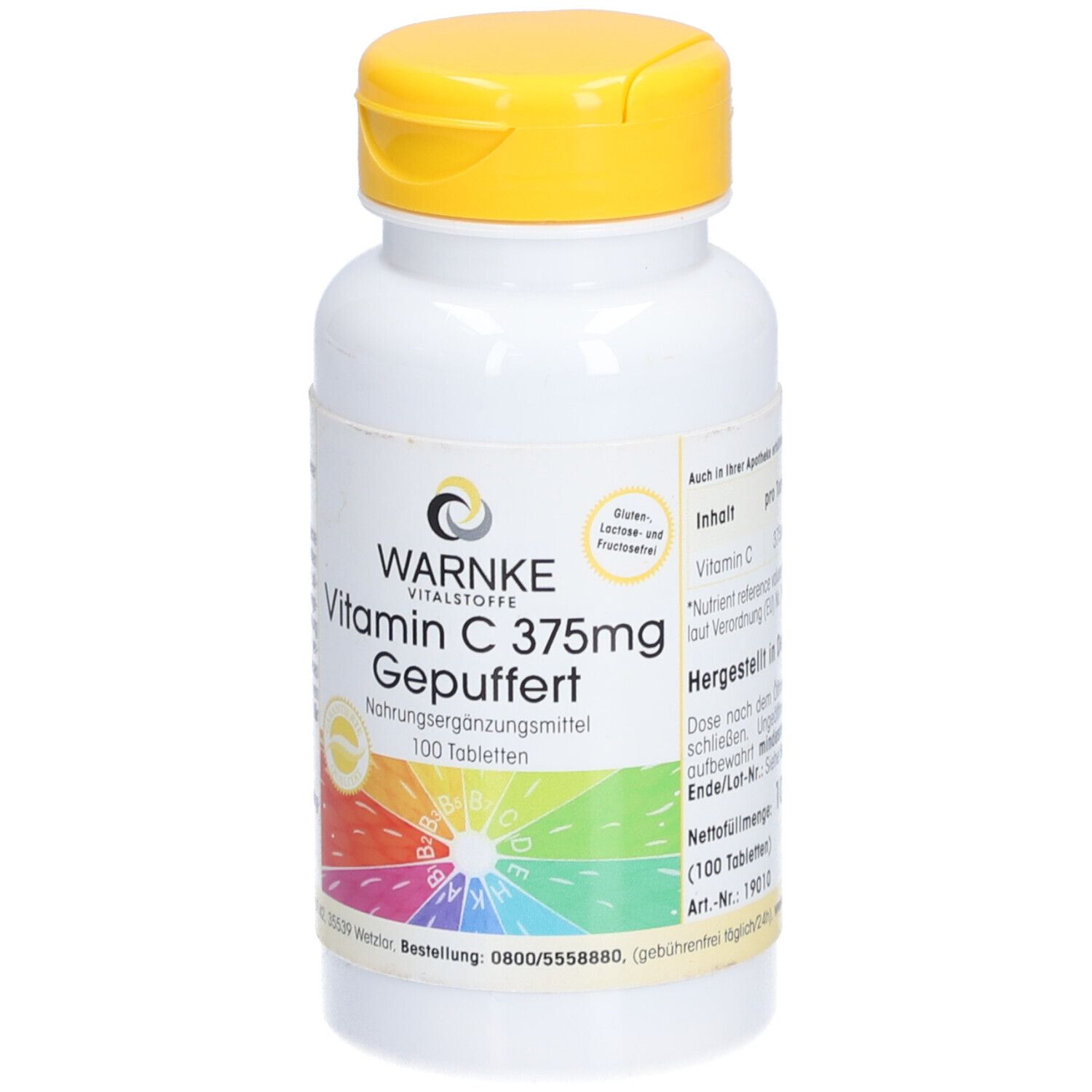 Flacone bianco con tappo giallo. Scritta: WARNKE Vitamina C 375mg Tamponato, 100 compresse. Adesivo colorato.