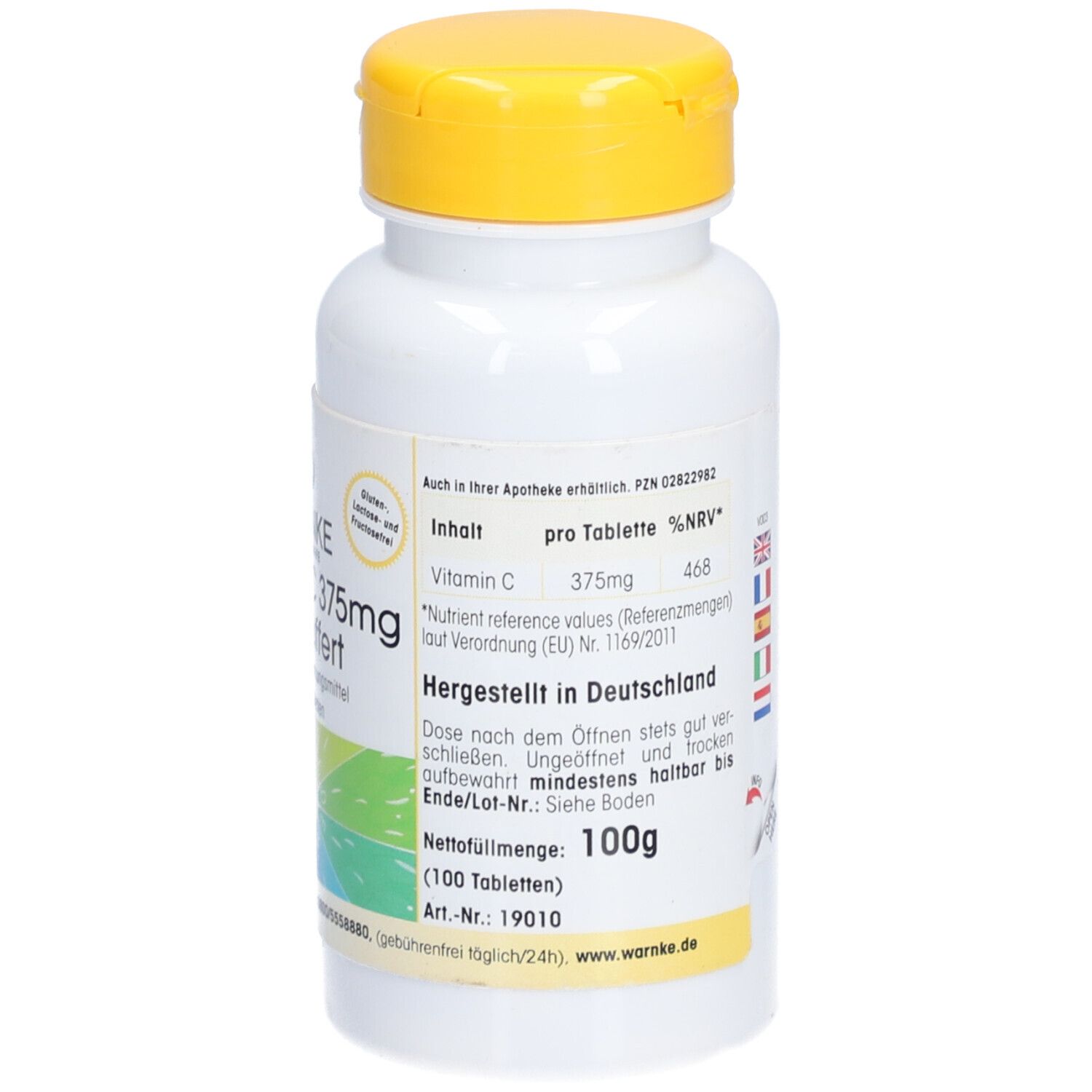 Retro del flacone bianco con tappo giallo. Testo in tedesco. Codice a barre, peso netto 100g, paese di origine.