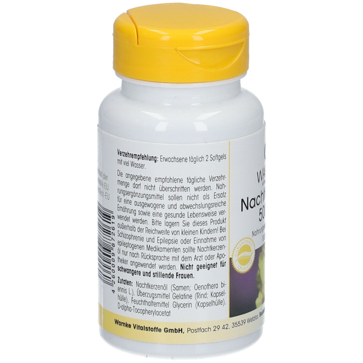 Retro del flacone bianco con tappo giallo. Testo sulle raccomandazioni e ingredienti. Warnke Vitalstoffe GmbH.