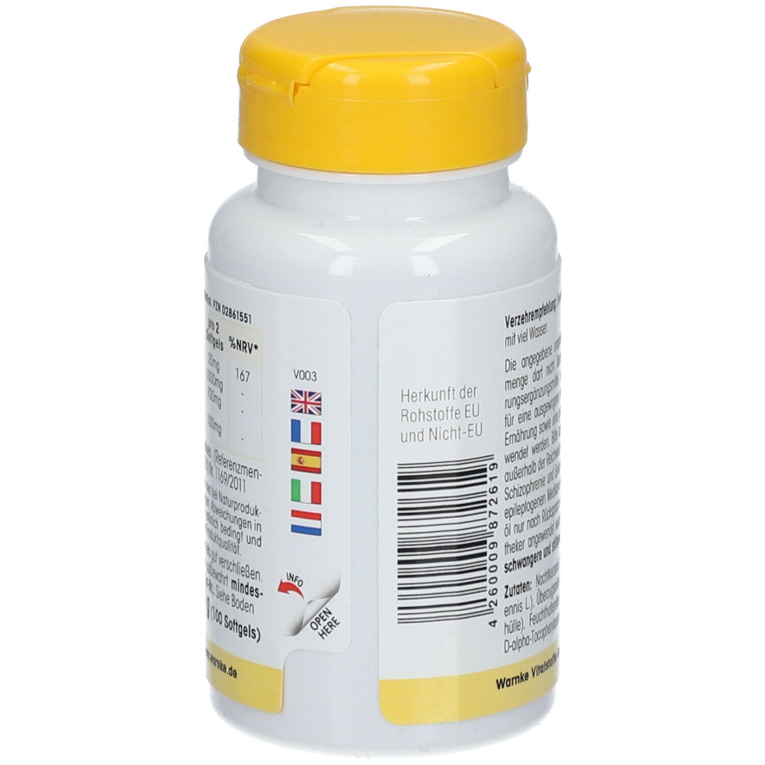 Retro del flacone bianco con tappo giallo. Testo e codice a barre. Origine materie prime UE ed extra UE. Bandiere.