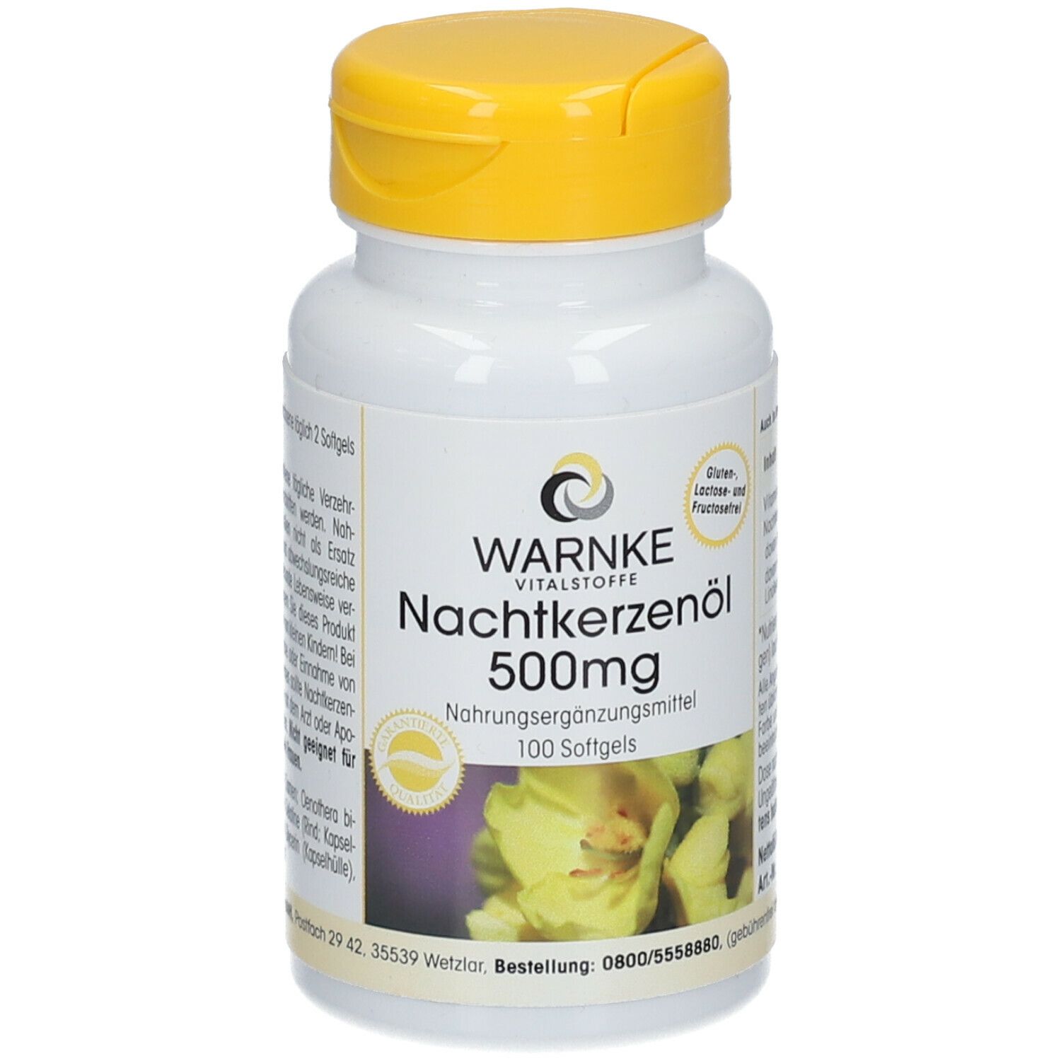 Flacone bianco con tappo giallo. Scritta: WARNKE Nachtkerzenöl 500mg. Integratore alimentare. 100 capsule molli.